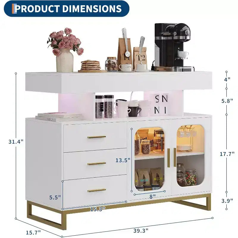 Buffet moderne blanc/noir avec LED et station de recharge, 3 tiroirs 2 portes