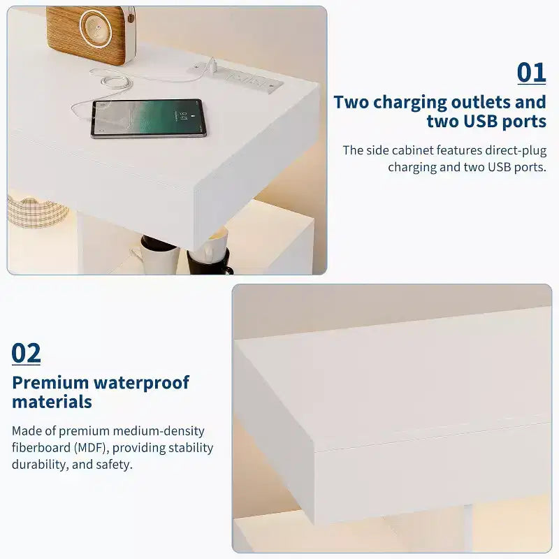 Buffet moderne blanc/noir avec LED et station de recharge, 3 tiroirs 2 portes