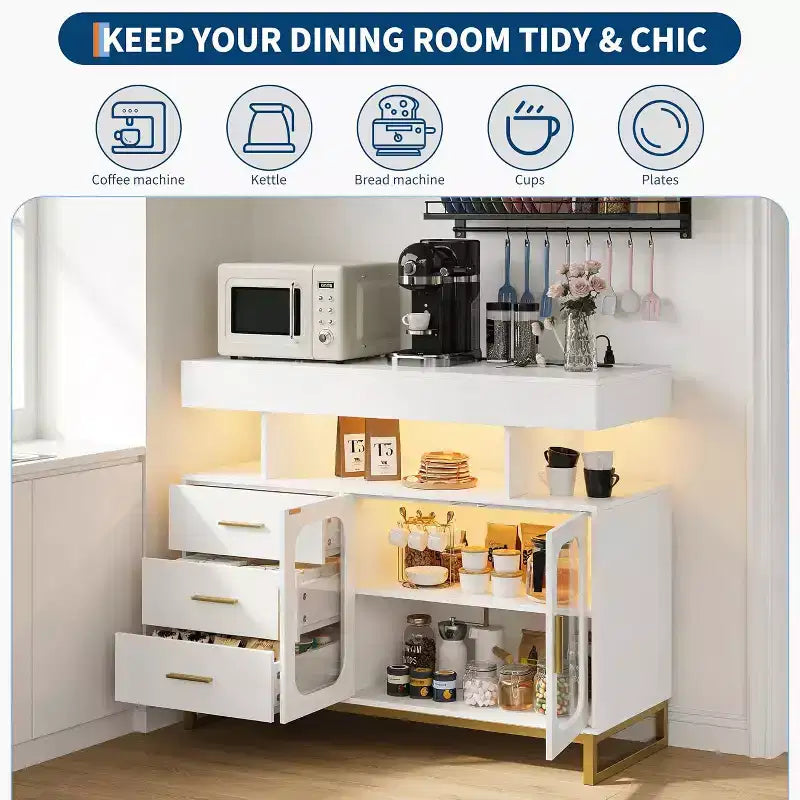 Buffet moderne blanc/noir avec LED et station de recharge, 3 tiroirs 2 portes