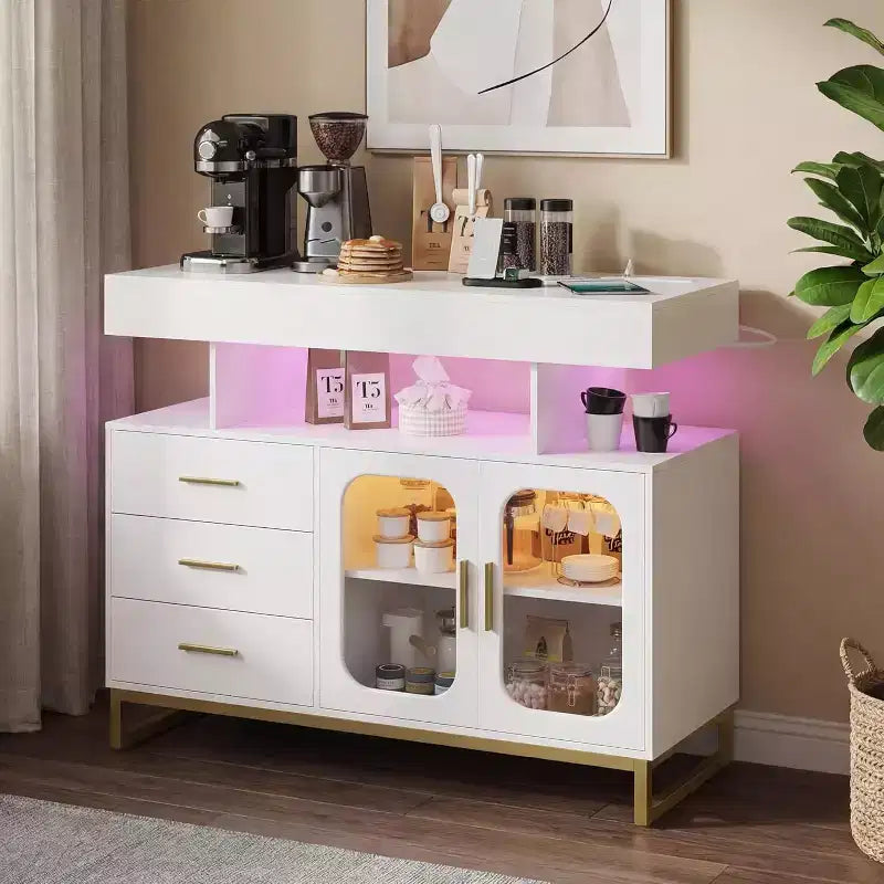 Buffet moderne blanc/noir avec LED et station de recharge, 3 tiroirs 2 portes
