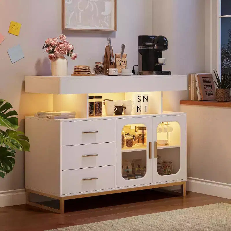 Buffet moderne blanc/noir avec LED et station de recharge, 3 tiroirs 2 portes