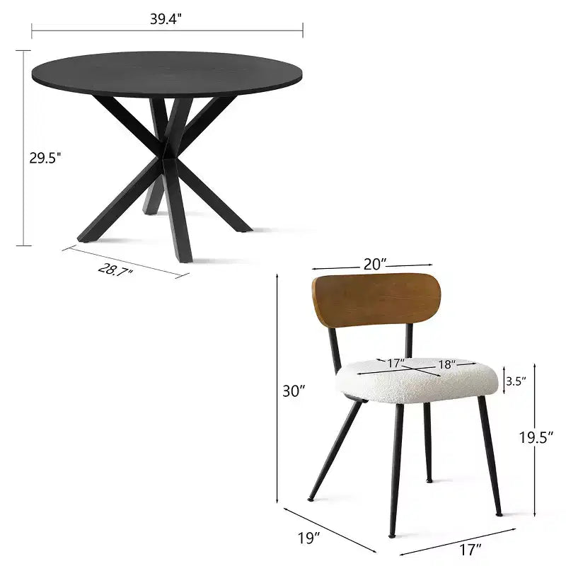 Ensemble de salle à manger rond sur pied noir, chaises en bouclette rembourrées, 4 places