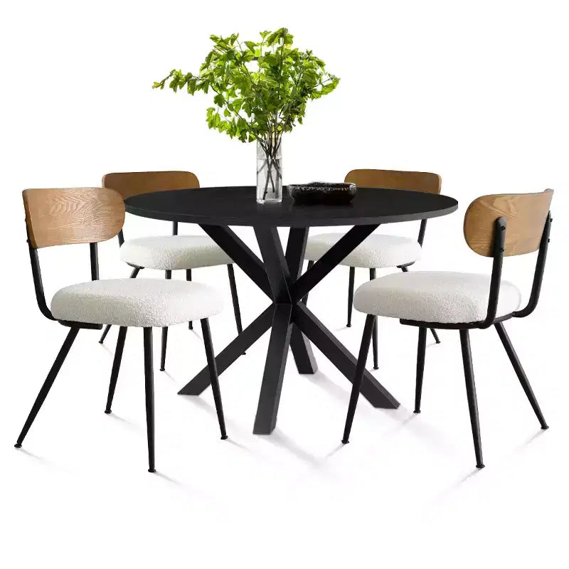 Ensemble de salle à manger rond sur pied noir, chaises en bouclette rembourrées, 4 places