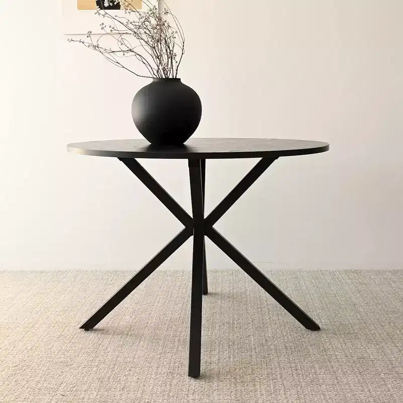 Ensemble de salle à manger rond sur pied noir, chaises en bouclette rembourrées, 4 places