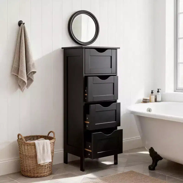 Meuble de salle de bain sur pied noir à 4 tiroirs