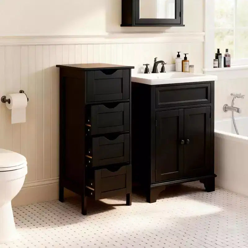 Meuble de salle de bain sur pied noir à 4 tiroirs