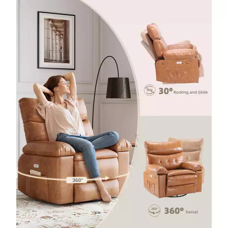 Fauteuil inclinable berçant pivotant à 360° en similicuir brun, 1 place