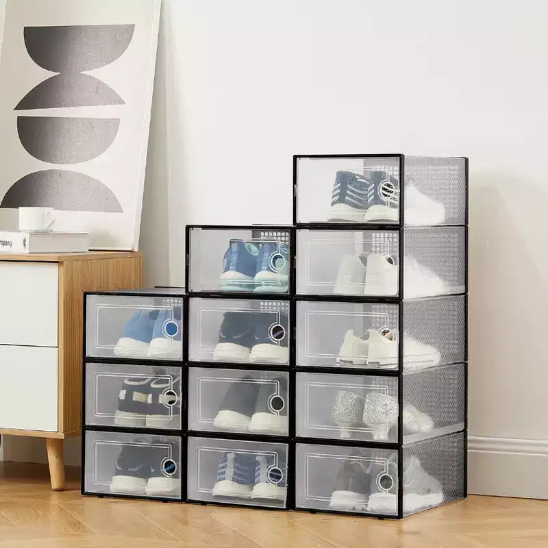 Bac de rangement empilable transparent avec couvercles, lot de 12, noir/marron/blanc, simple