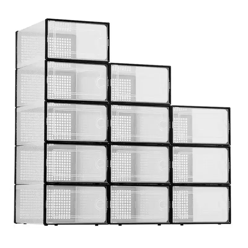 Bac de rangement empilable transparent avec couvercles, lot de 12, noir/marron/blanc, simple