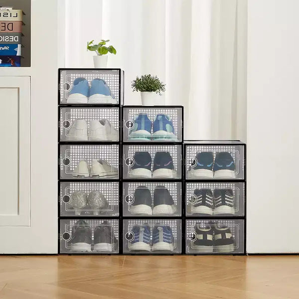 Bac de rangement empilable transparent avec couvercles, lot de 12, noir/marron/blanc, simple