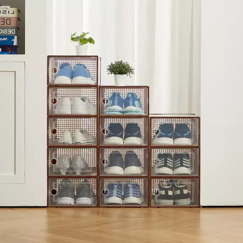 Bac de rangement empilable transparent avec couvercles, lot de 12, noir/marron/blanc, simple