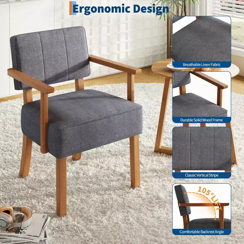 Fauteuil d'appoint en lin blanc cassé/gris foncé, style moderne du milieu du siècle, rayures verticales, une place