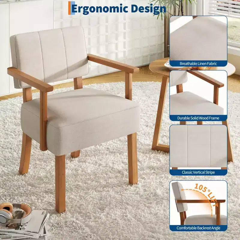 Fauteuil d'appoint en lin blanc cassé/gris foncé, style moderne du milieu du siècle, rayures verticales, une place