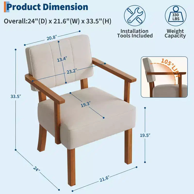 Fauteuil d'appoint en lin blanc cassé/gris foncé, style moderne du milieu du siècle, rayures verticales, une place