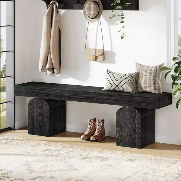 Banc d'entrée Lantine, banc à chaussures noir de 59 pouces de long avec bases arquées, banc d'intérieur en bois pour entrée, salon, chambre à coucher