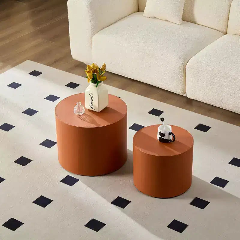 Ensemble de 2 tables d'appoint en bois avec cuir de selle marron et orange