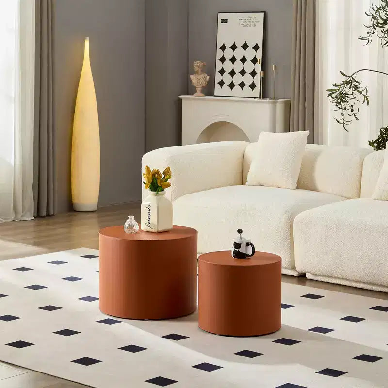 Ensemble de 2 tables d'appoint en bois avec cuir de selle marron et orange