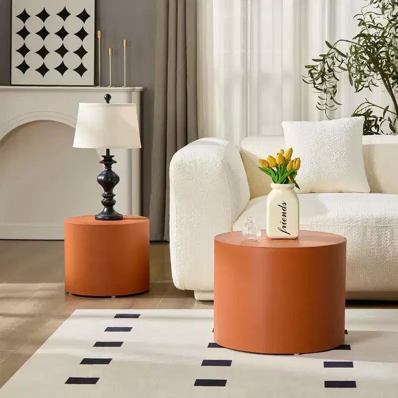Ensemble de 2 tables d'appoint en bois avec cuir de selle marron et orange