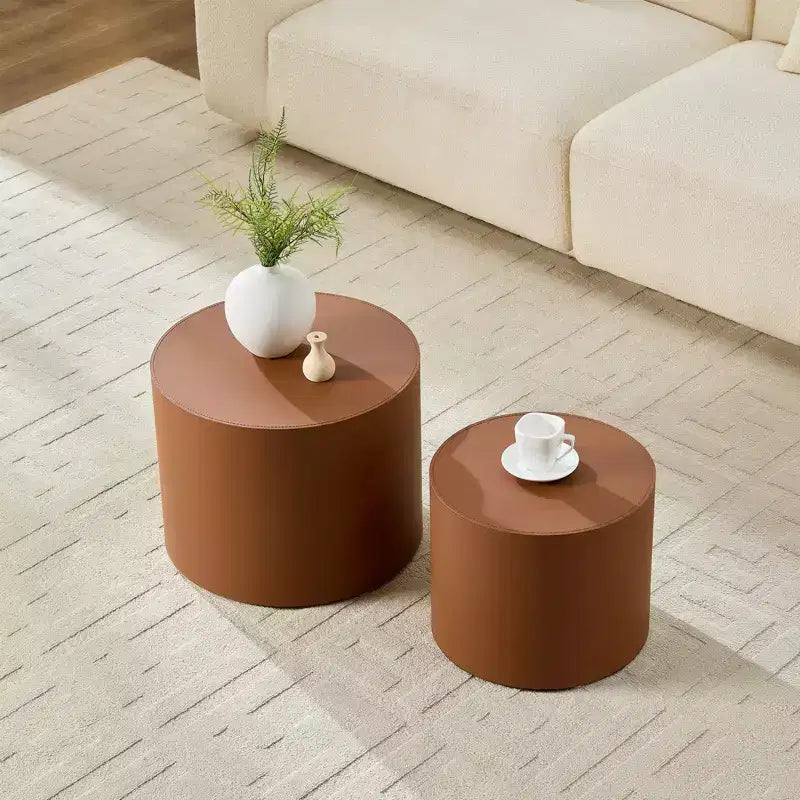 Ensemble de 2 tables d'appoint en bois avec cuir de selle marron et orange