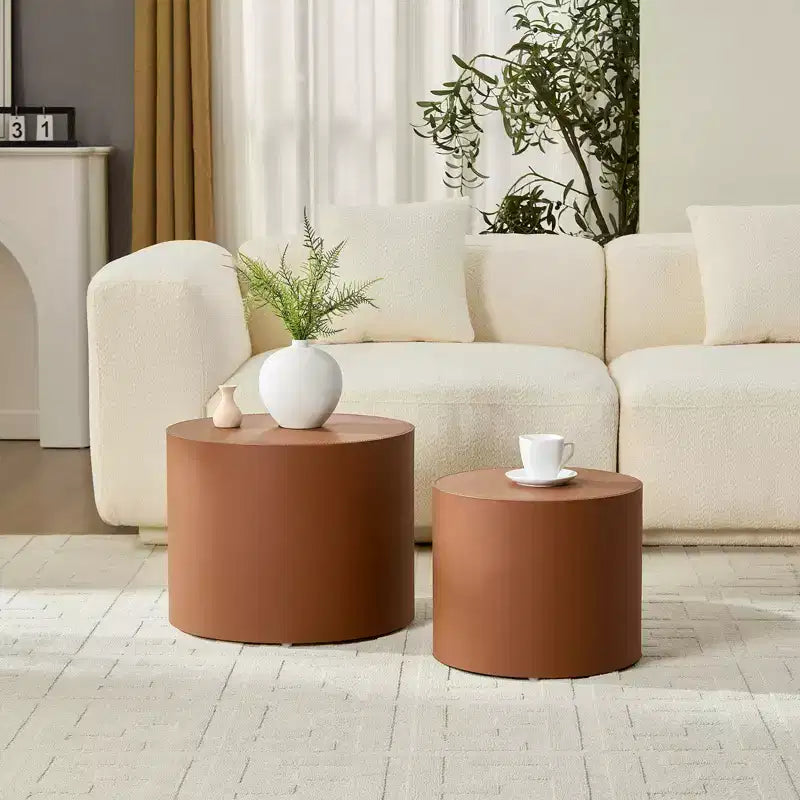 Ensemble de 2 tables d'appoint en bois avec cuir de selle marron et orange