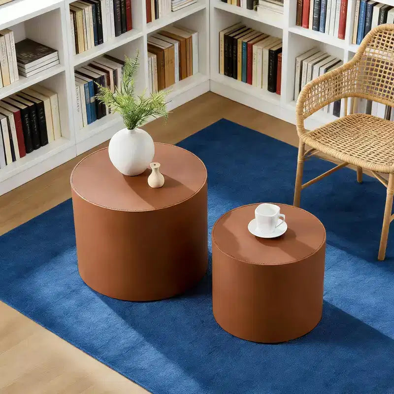 Ensemble de 2 tables d'appoint en bois avec cuir de selle marron et orange