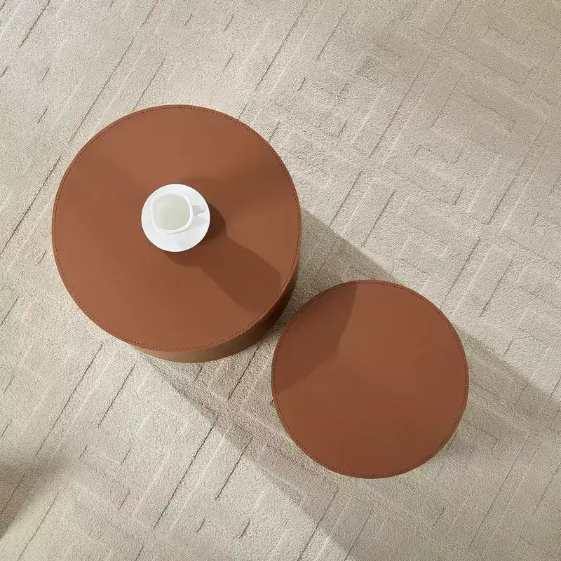 Ensemble de 2 tables d'appoint en bois avec cuir de selle marron et orange