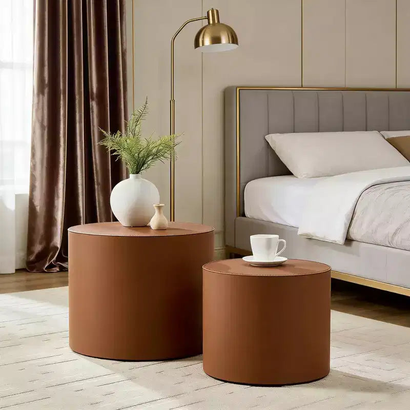 Ensemble de 2 tables d'appoint en bois avec cuir de selle marron et orange