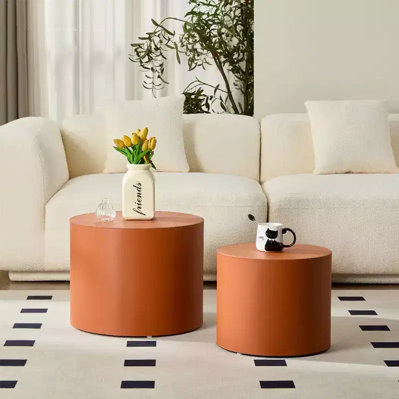 Ensemble de 2 tables d'appoint en bois avec cuir de selle marron et orange
