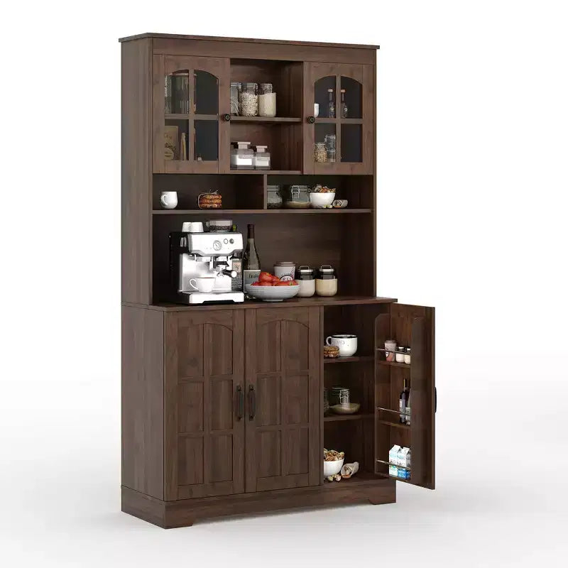 Armoire de cuisine haute noire / marron / blanche avec portes vitrées et station de recharge, simple