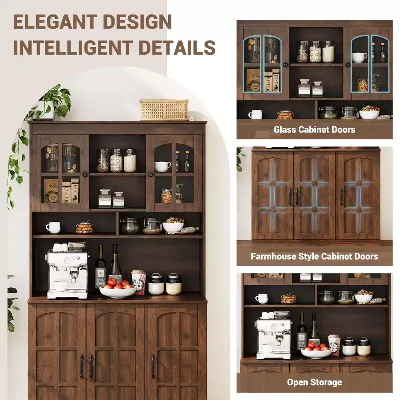 Armoire de cuisine haute noire / marron / blanche avec portes vitrées et station de recharge, simple