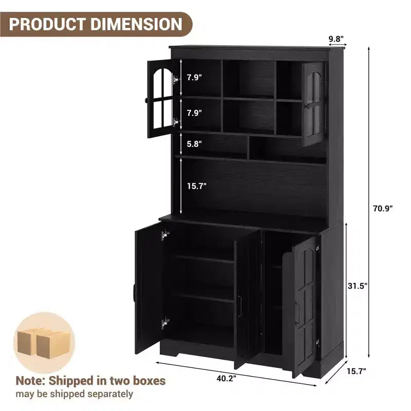 Armoire de cuisine haute noire / marron / blanche avec portes vitrées et station de recharge, simple