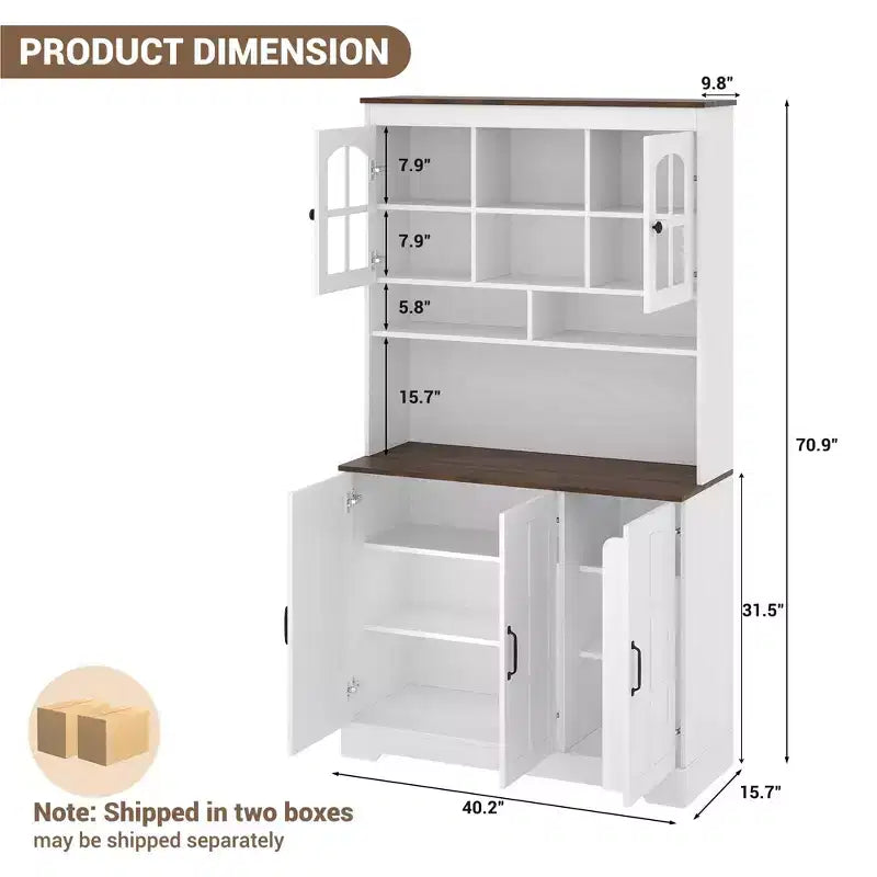 Armoire de cuisine haute noire / marron / blanche avec portes vitrées et station de recharge, simple