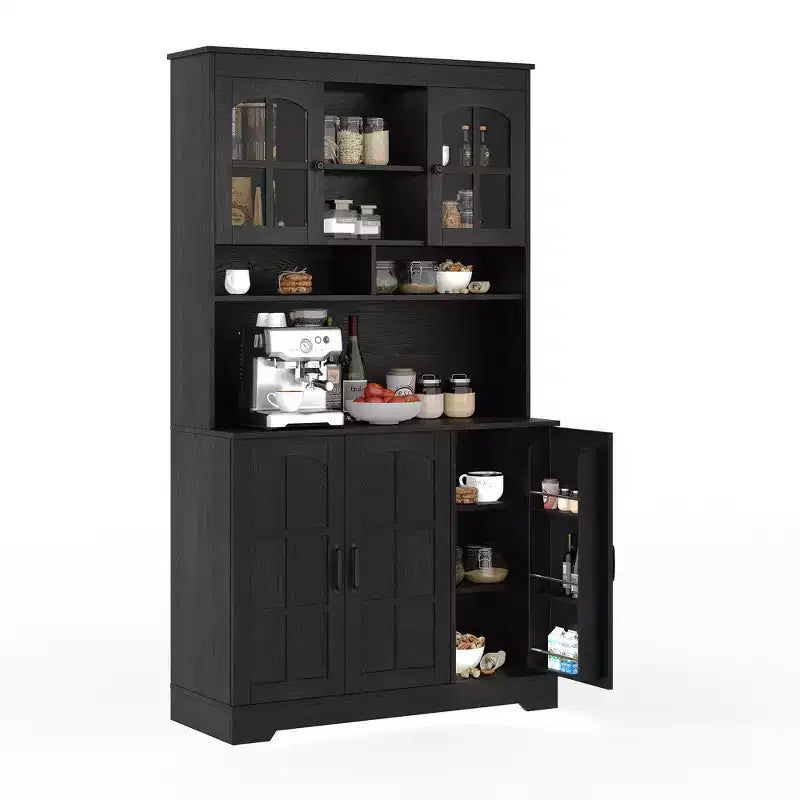 Armoire de cuisine haute noire / marron / blanche avec portes vitrées et station de recharge, simple