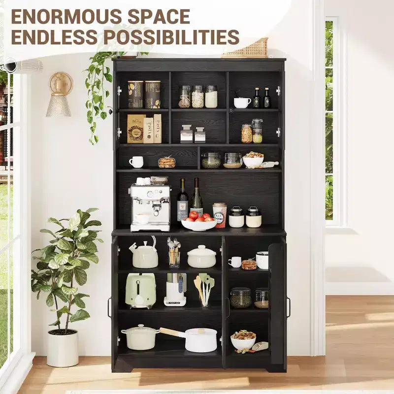 Armoire de cuisine haute noire / marron / blanche avec portes vitrées et station de recharge, simple