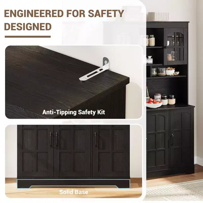 Armoire de cuisine haute noire / marron / blanche avec portes vitrées et station de recharge, simple