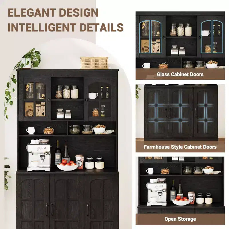 Armoire de cuisine haute noire / marron / blanche avec portes vitrées et station de recharge, simple