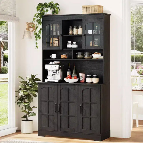 Pantry Cabinet with Charging Station, Tall Kitchen Pantry Storage Cabinet with Hutch,70.9 Inch Kitchen Cabinet with Glass Doors, for Dining Room
