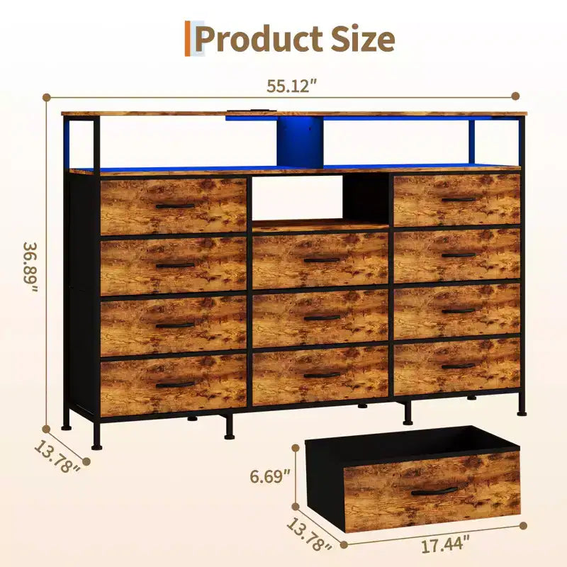 Commode en tissu à 11 tiroirs, noire/marron/grise/blanche, avec étagères ouvertes, cadre en acier et plateau en bois
