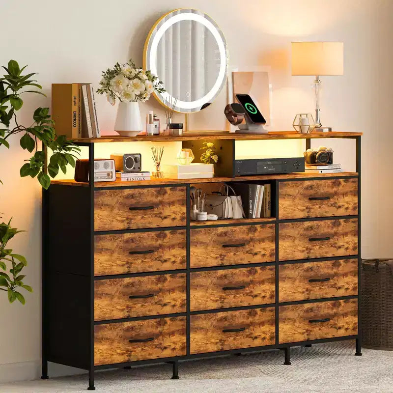 Commode en tissu à 11 tiroirs, noire/marron/grise/blanche, avec étagères ouvertes, cadre en acier et plateau en bois