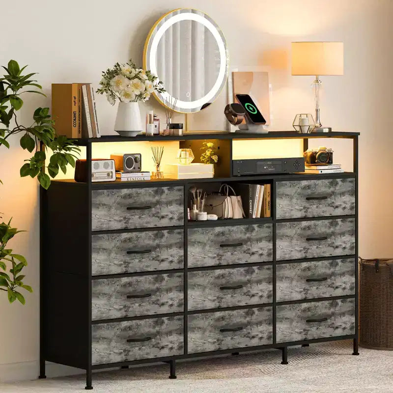 Commode en tissu à 11 tiroirs, noire/marron/grise/blanche, avec étagères ouvertes, cadre en acier et plateau en bois