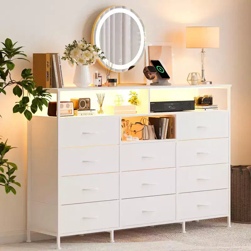 Commode en tissu à 11 tiroirs, noire/marron/grise/blanche, avec étagères ouvertes, cadre en acier et plateau en bois