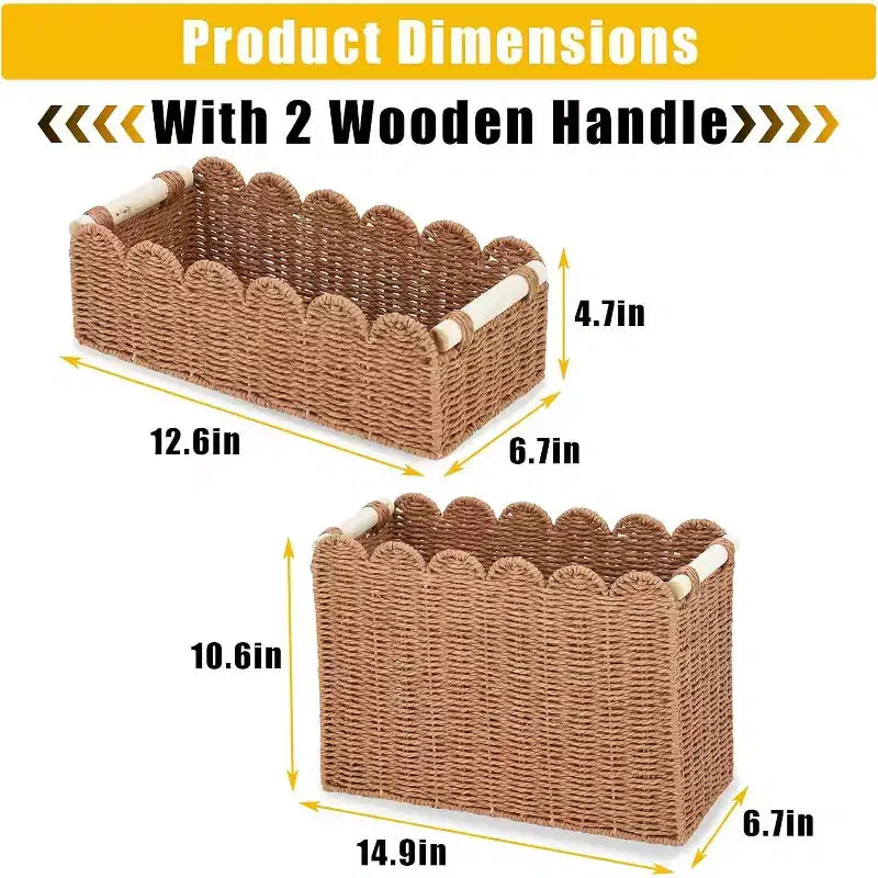 Paniers en corde de papier festonnés naturels avec poignées en bois, lot de 2 (petit + grand)