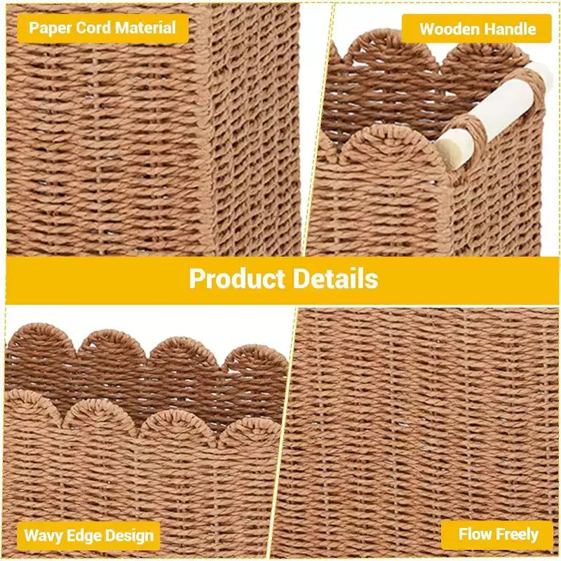 Paniers en corde de papier festonnés naturels avec poignées en bois, lot de 2 (petit + grand)
