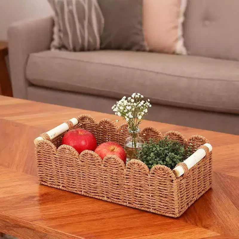 Paniers en corde de papier festonnés naturels avec poignées en bois, lot de 2 (petit + grand)