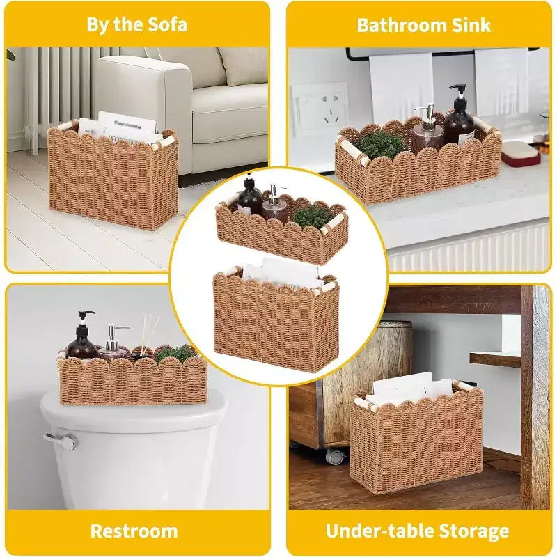 Paniers en corde de papier festonnés naturels avec poignées en bois, lot de 2 (petit + grand)