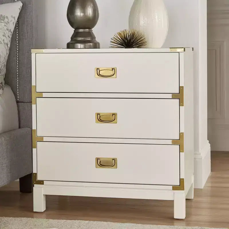 Table de chevet à 3 tiroirs Espresso/Gris/Blanc avec accents dorés