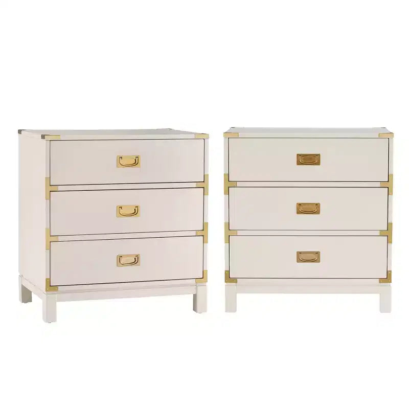 Table de chevet à 3 tiroirs Espresso/Gris/Blanc avec accents dorés