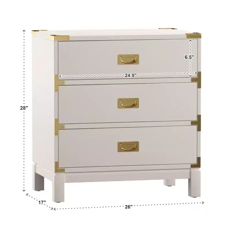 Table de chevet à 3 tiroirs Espresso/Gris/Blanc avec accents dorés