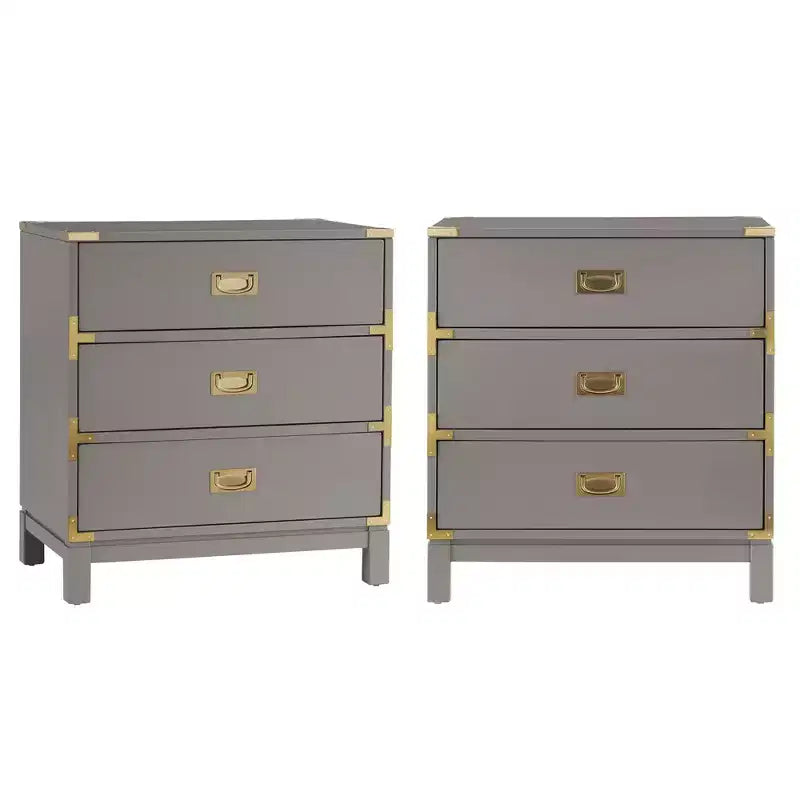 Table de chevet à 3 tiroirs Espresso/Gris/Blanc avec accents dorés