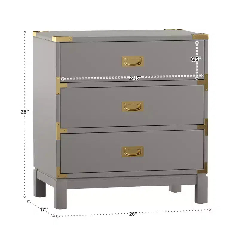 Table de chevet à 3 tiroirs Espresso/Gris/Blanc avec accents dorés